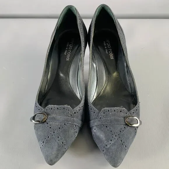 SERGIO ROSSI Size 6.5 Navy Suede Perforated Kitten Heel Pumps
